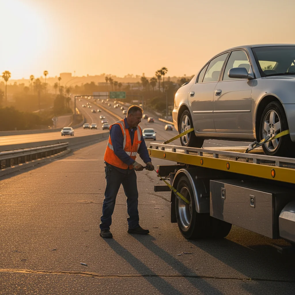Tow operator securing a sedan to a flatbed at an El Cajon I-8 onramp, golden hour