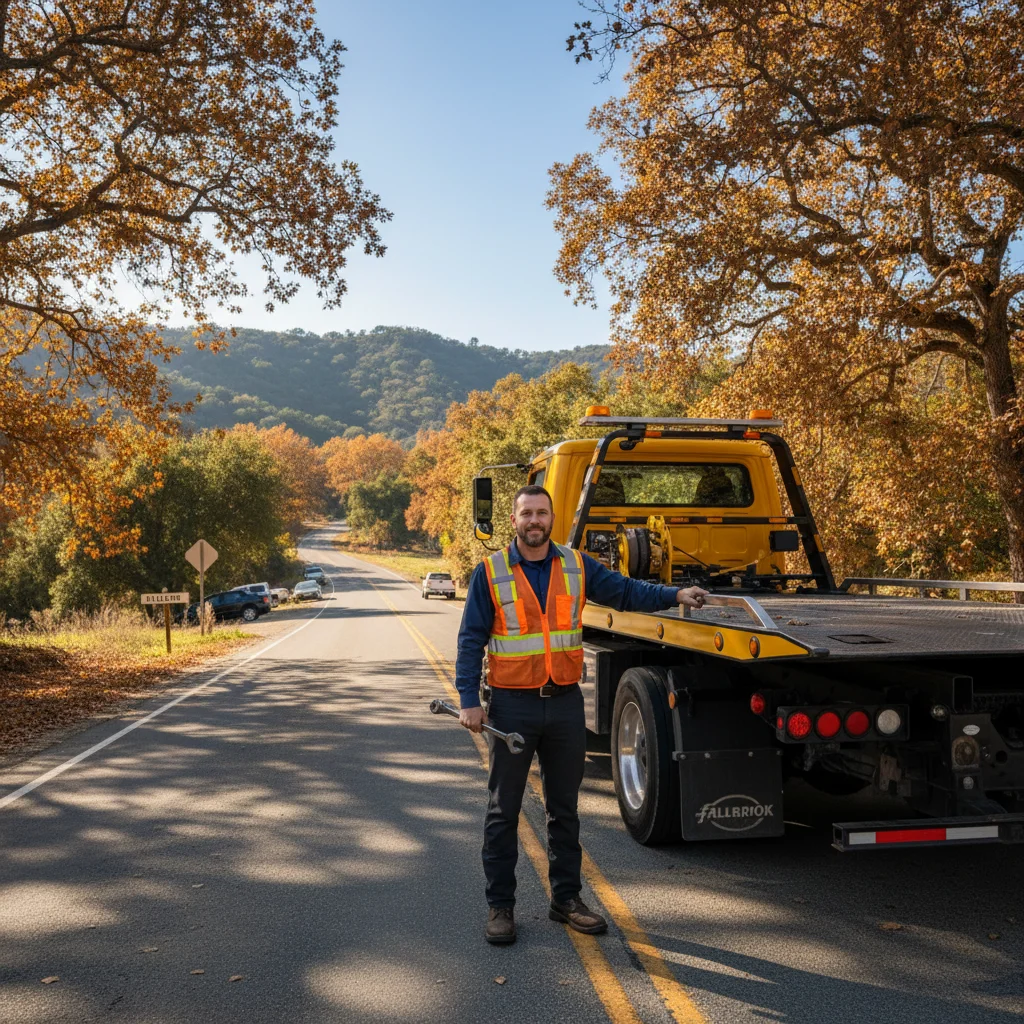 Flatbed tow truck assisting a broken-down sedan on a rural road in Fallbrook, San Diego County, with avocado groves in the background on a sunny day.