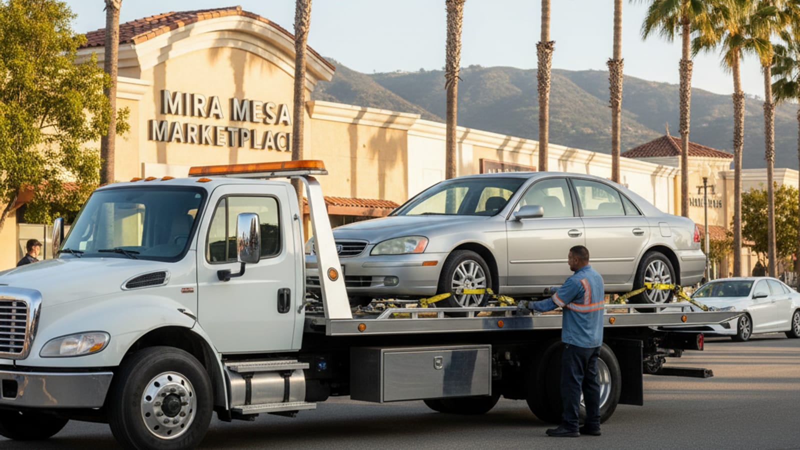 Quick Tow SD flatbed tow truck assisting a broken-down car on Mira Mesa Boulevard near the Mira Mesa Mall entrance