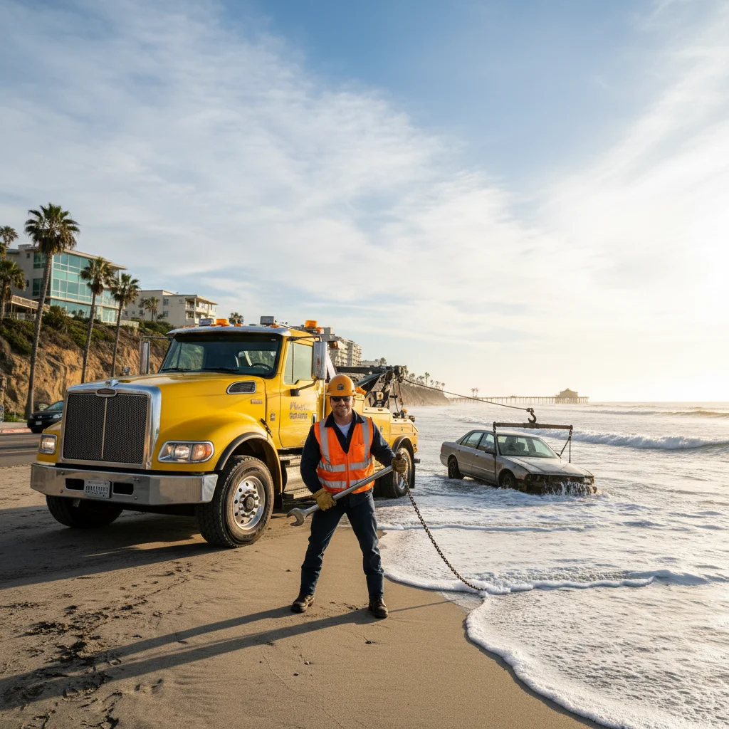 A flatbed tow truck from Quick Tow SD loading a broken-down sedan near the Oceanside Pier on a sunny day.