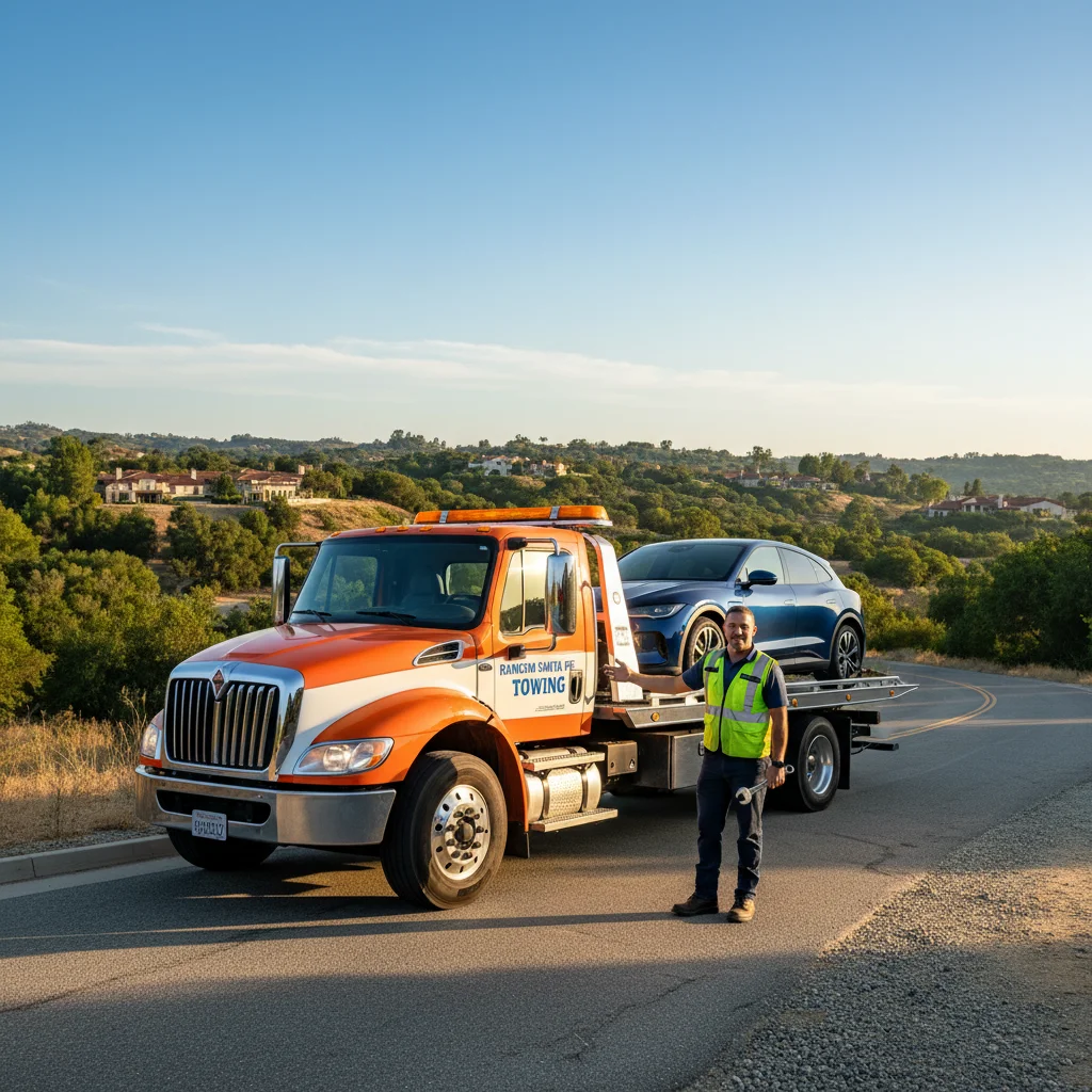 Quick Tow SD flatbed tow truck carefully loading a luxury SUV on a tree-lined street in Rancho Santa Fe, San Diego County.