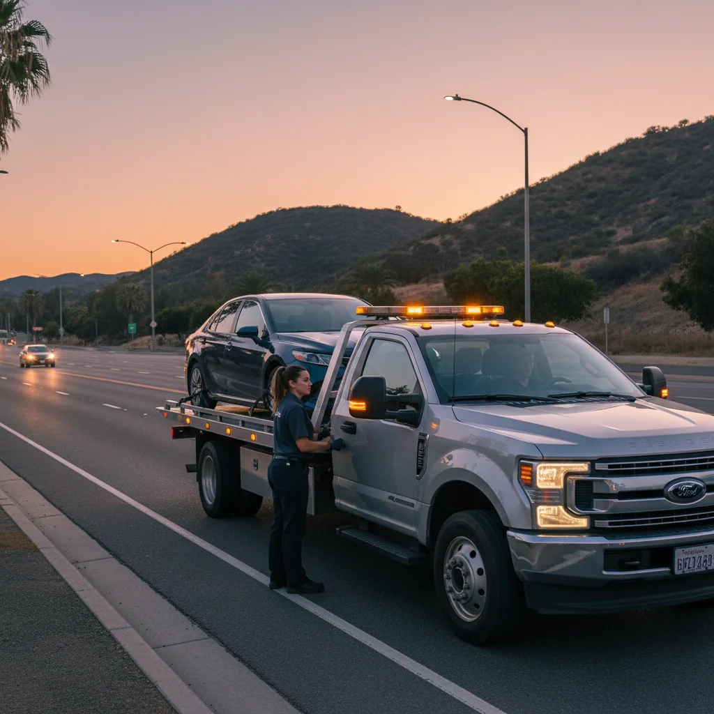 A flatbed tow truck on Poway Road at dusk with a sedan loaded, hills of Poway in
