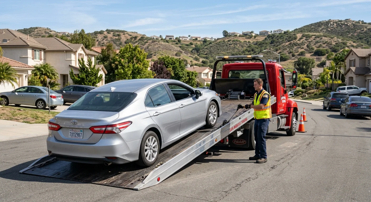 A flatbed tow truck loading a sedan on a sunny street in San Marcos, California, with rolling hills and a North County San Diego suburban backdrop.