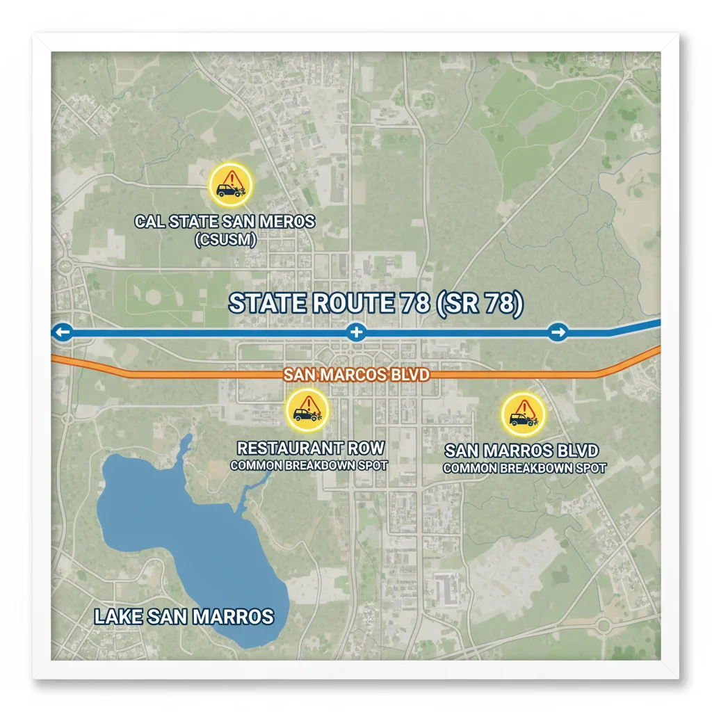Map of San Marcos, CA showing State Route 78, Cal State San Marcos, Restaurant Row, and San Marcos Boulevard as common vehicle breakdown areas.