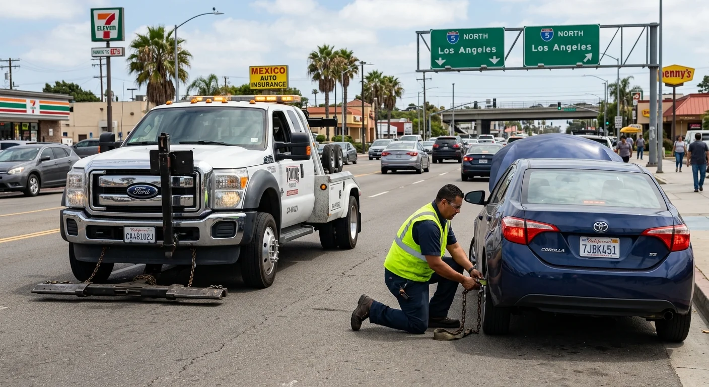 Tow truck beside a disabled car on a San Ysidro surface street