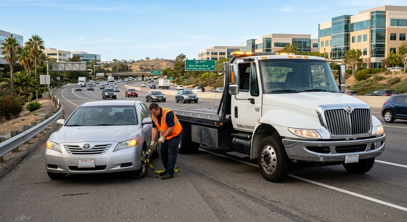 Tow truck assisting a disabled sedan near a Sorrento Valley office park