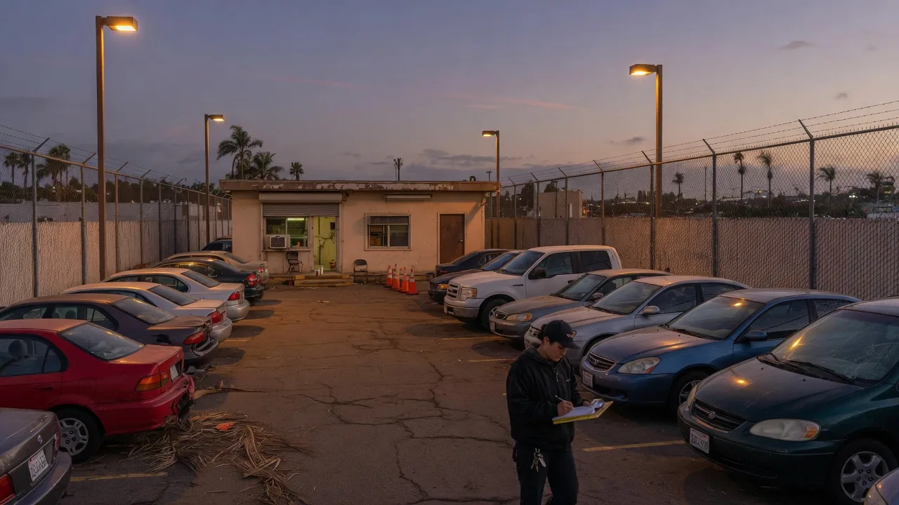 Driver reviewing a tow yard storage invoice at a closed lot gate