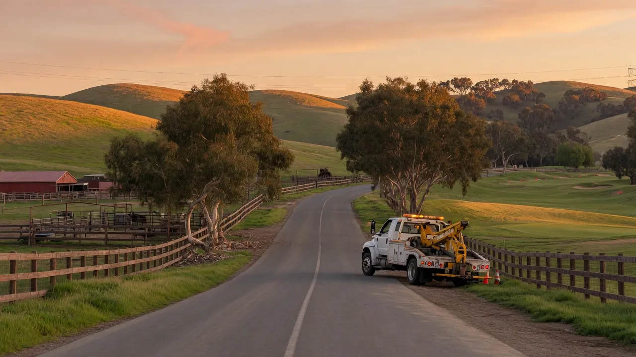 Unbranded wheel-lift tow truck on a tree-lined South Bay valley road near horse fencing