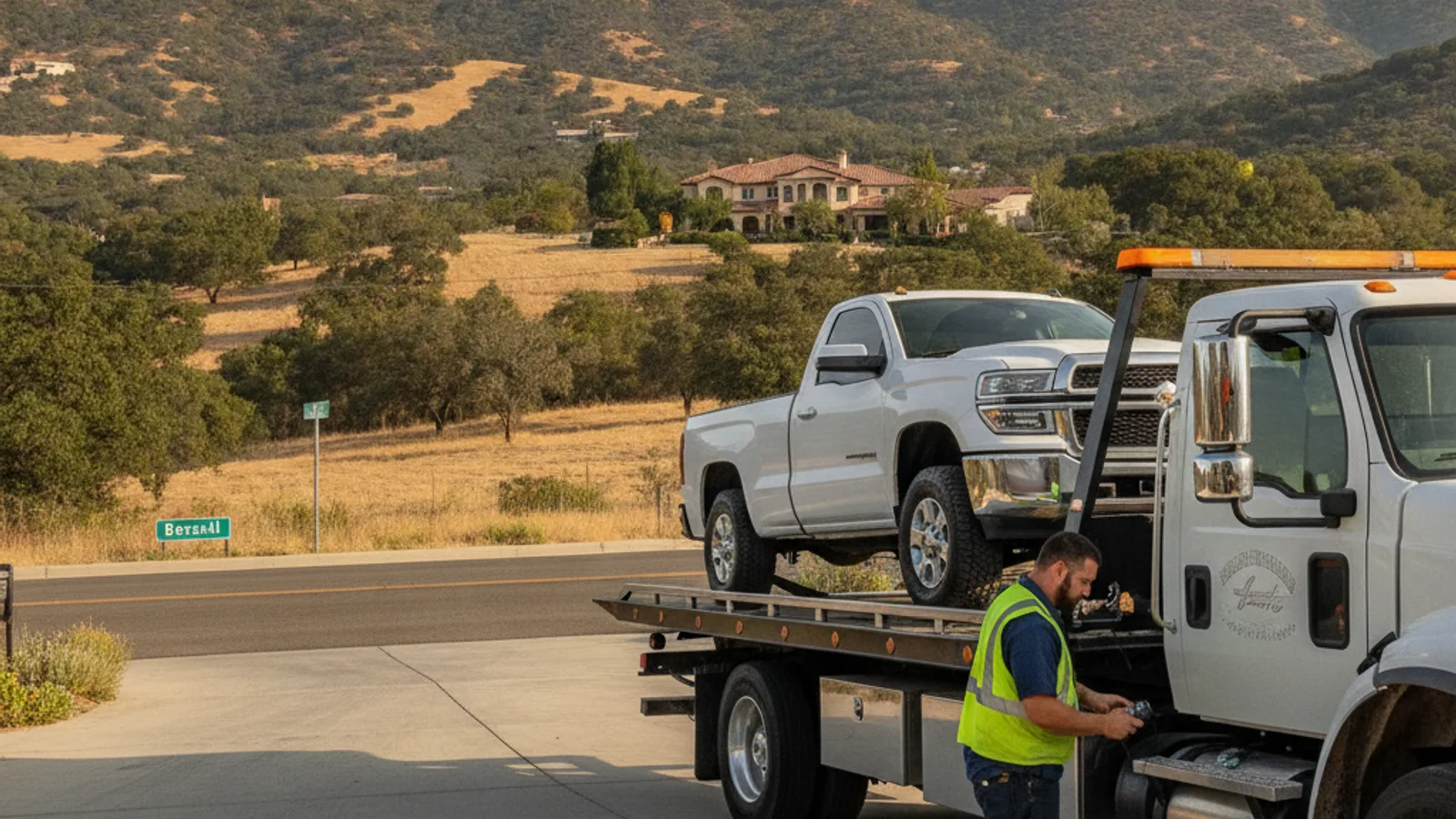 A flatbed tow truck parked along SR-76 near Bonsall with avocado groves and a horse ranch fence in the background