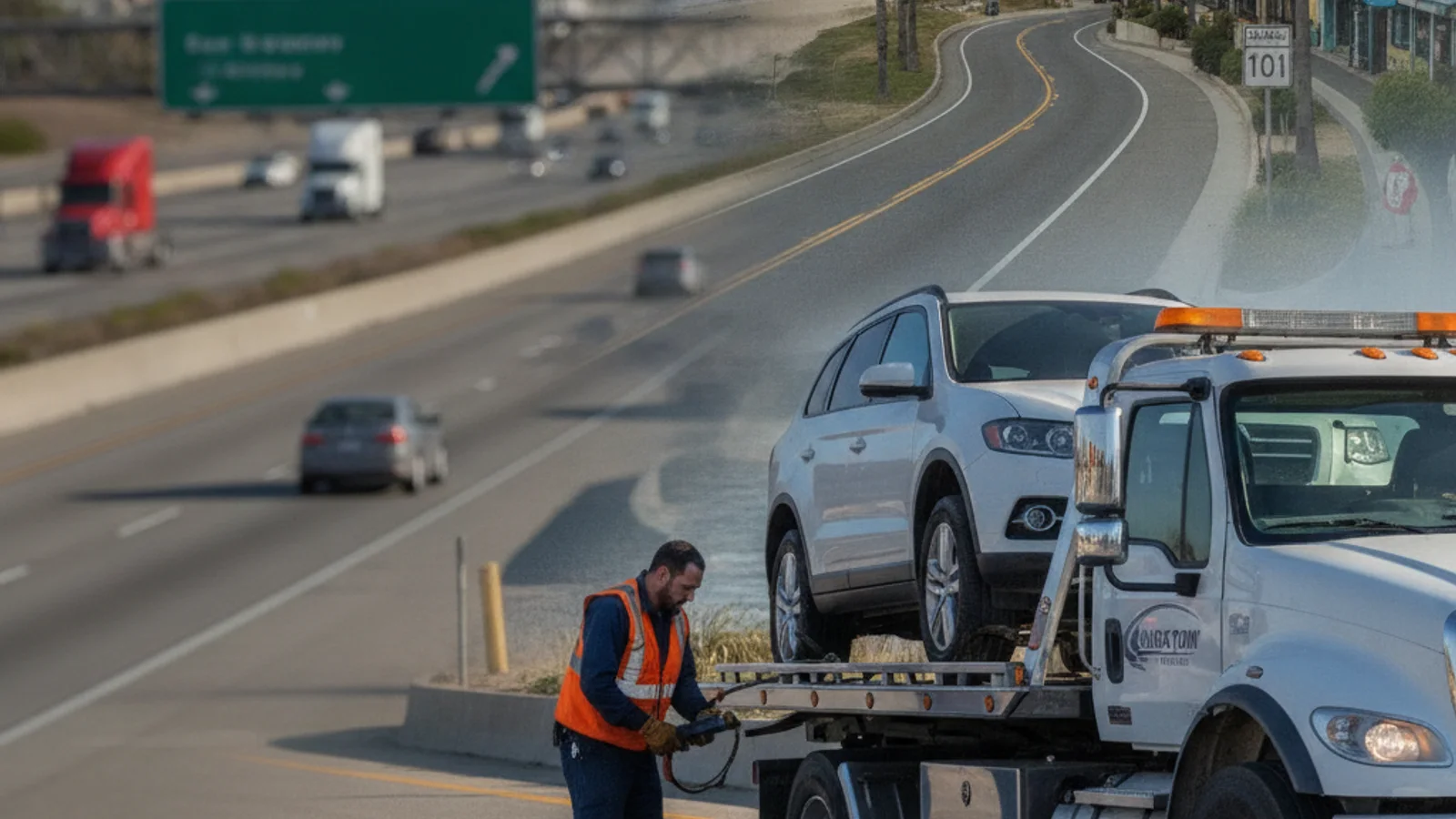 A flatbed tow truck parked along Coast Highway 101 near Leucadia with the Pacific bluffs in the background