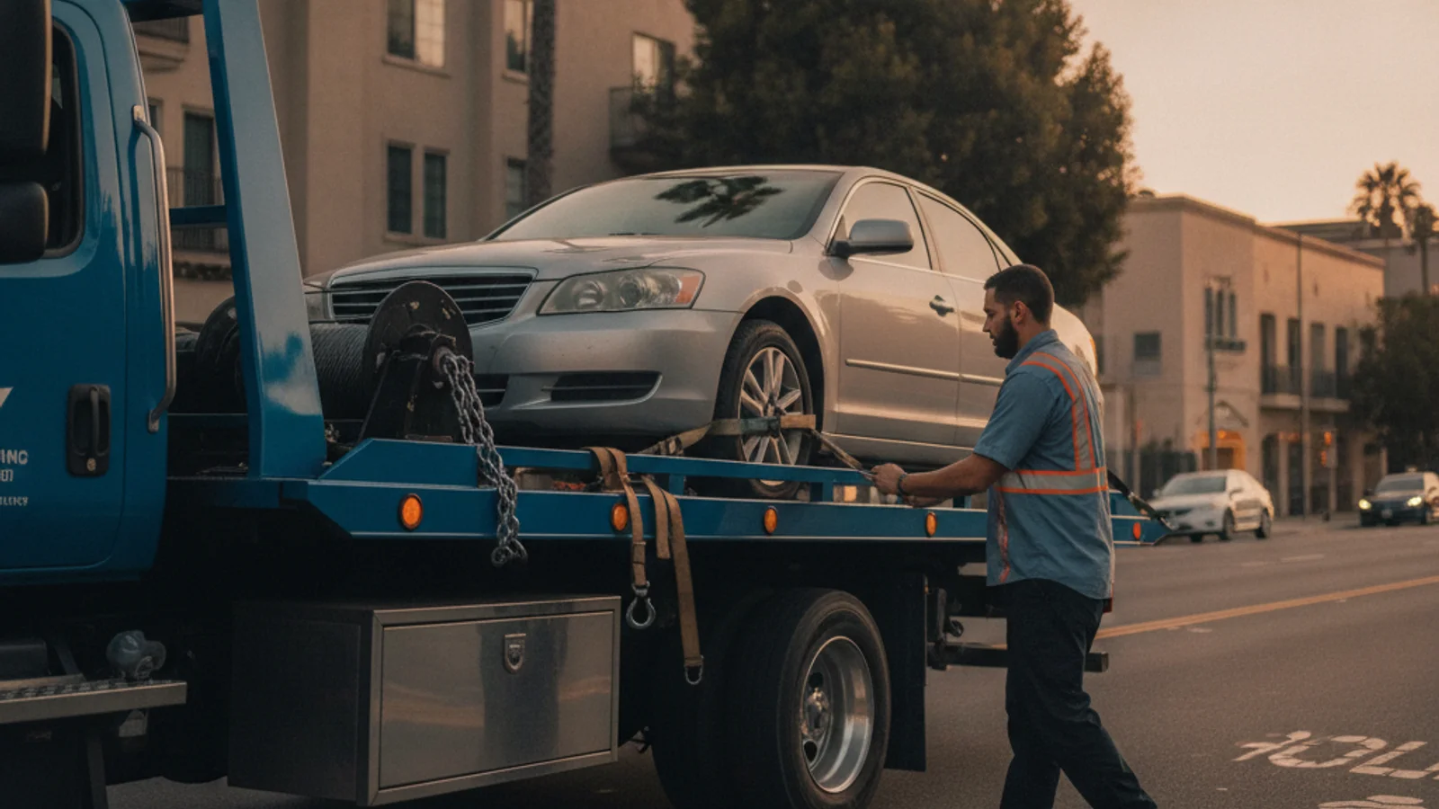 A flatbed tow truck loading a sedan on a San Diego street at dusk