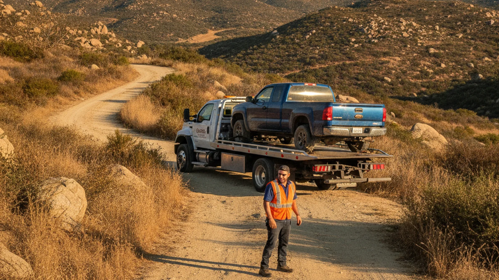 A heavy-duty tow truck parked at the end of a long dirt driveway in the Granite Hills area east of El Cajon