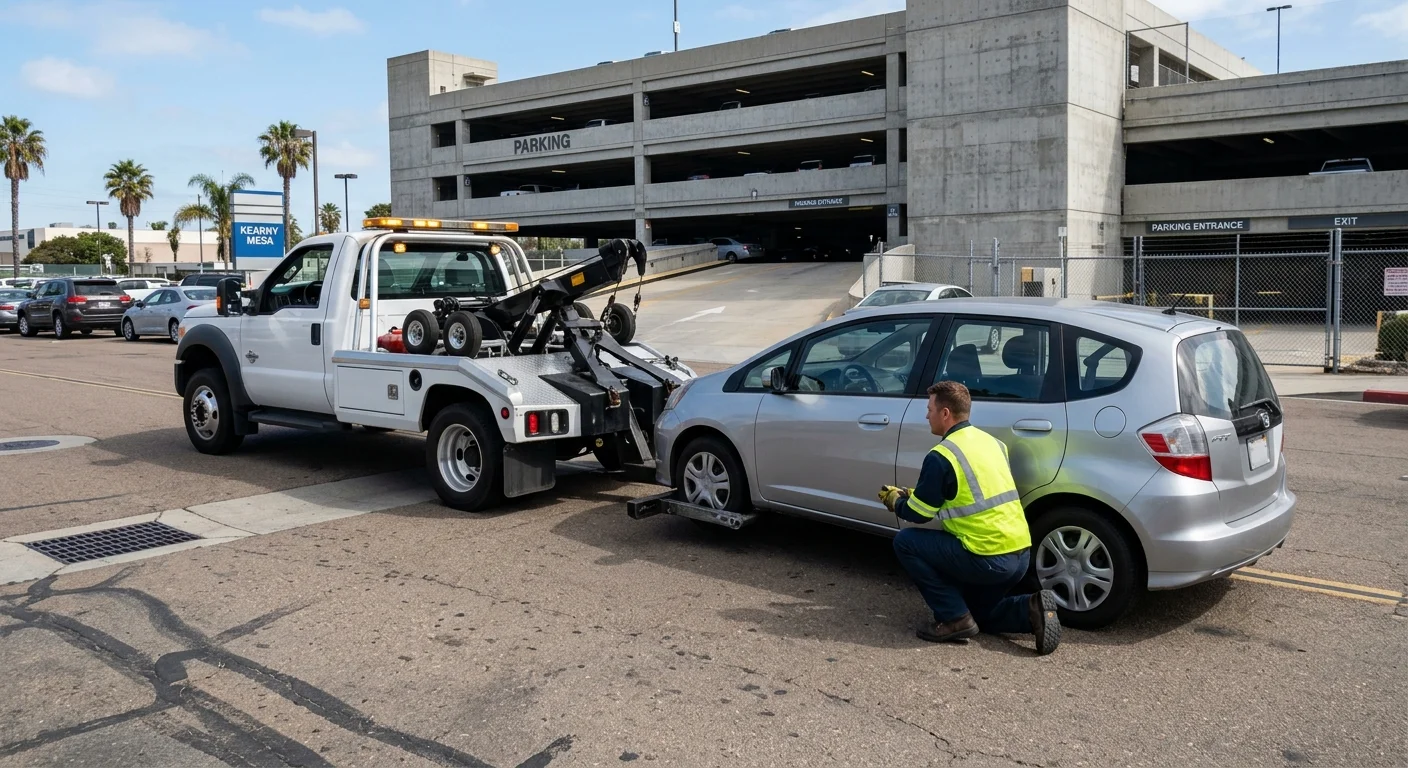 Wheel-lift tow truck assisting a disabled compact car near a Kearny Mesa parking structure