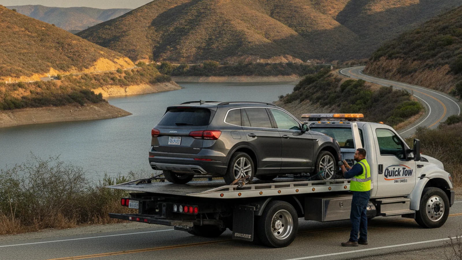 A tow truck on a hillside street near Sweetwater Reservoir in the unincorporated community of La Presa