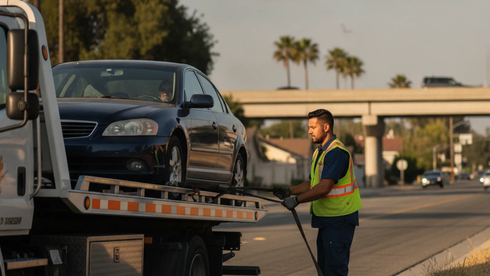 A tow truck working a disabled car near SR-94 in Lemon Grove with the trolley tracks visible in the background