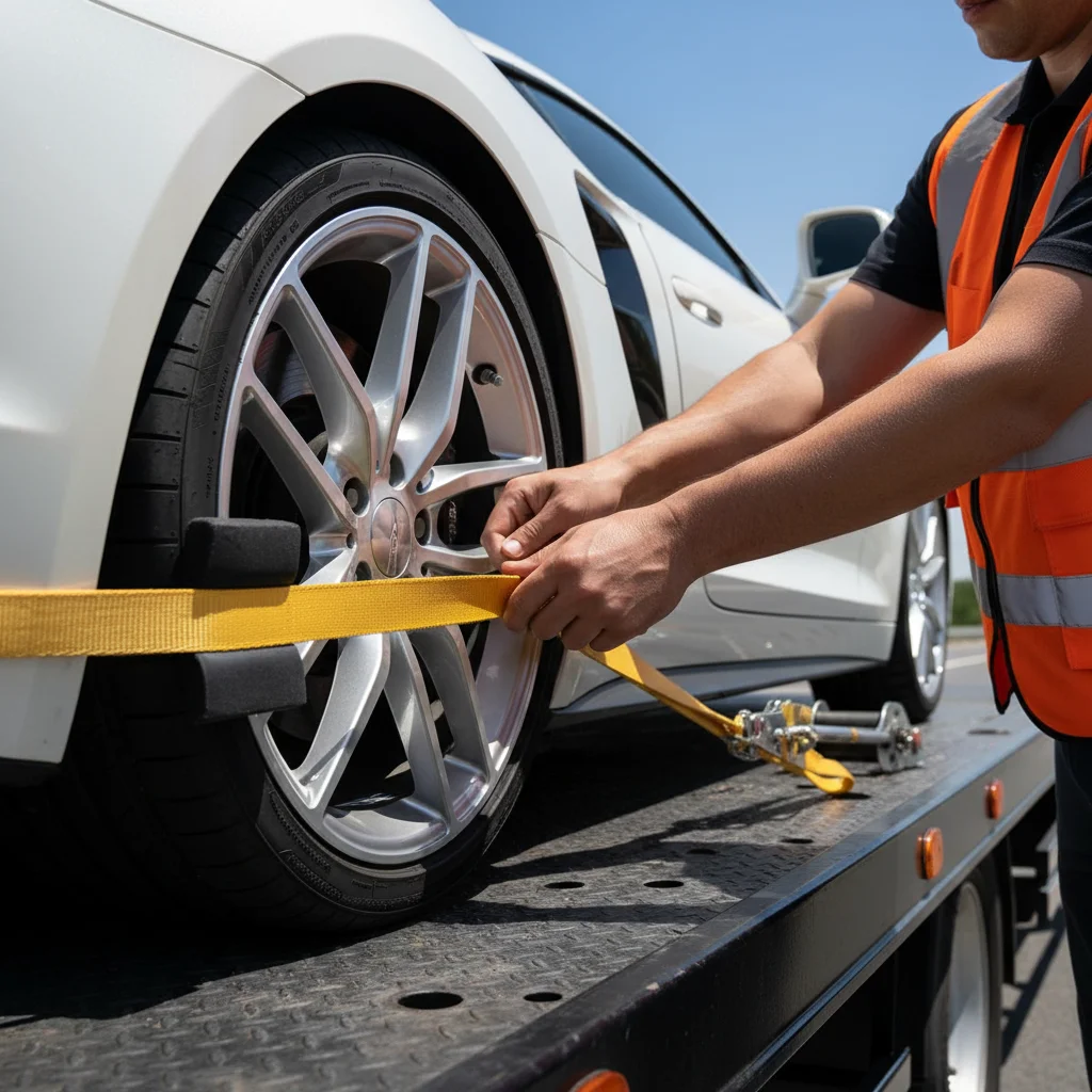 Un primer plano mostrando las correas suaves y anchas asegurando el neumático de un auto deportivo a una grúa de plataforma, protegiendo la llanta