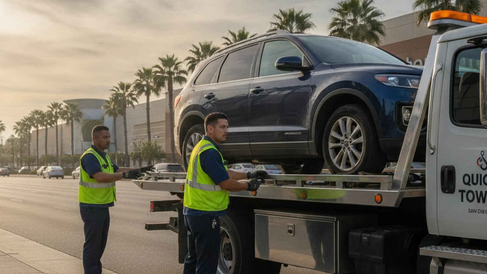 A wheel-lift tow truck navigating a low-clearance level of a Mission Valley shopping mall parking structure