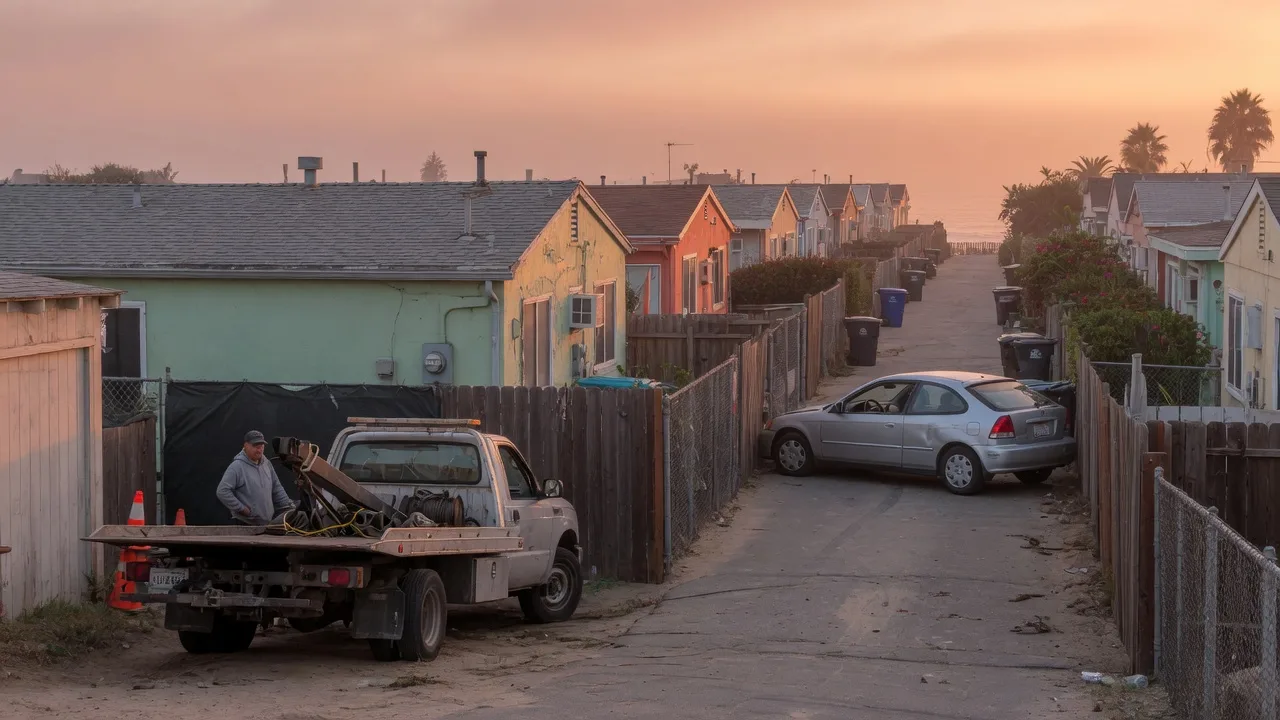 Disabled compact car on a narrow Ocean Beach side street