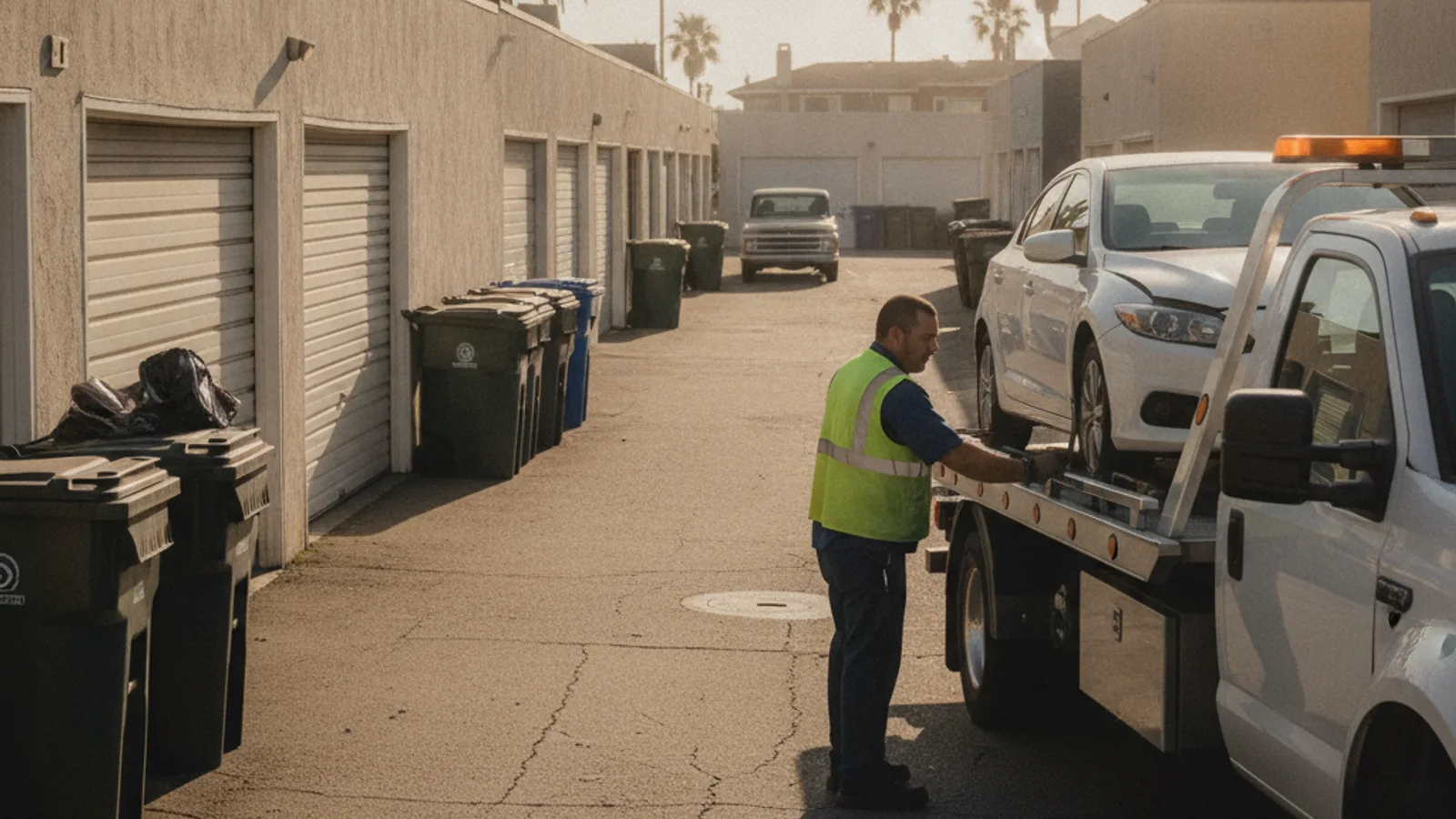 A wheel-lift tow truck maneuvering through a narrow alley behind the beach blocks in Pacific Beach