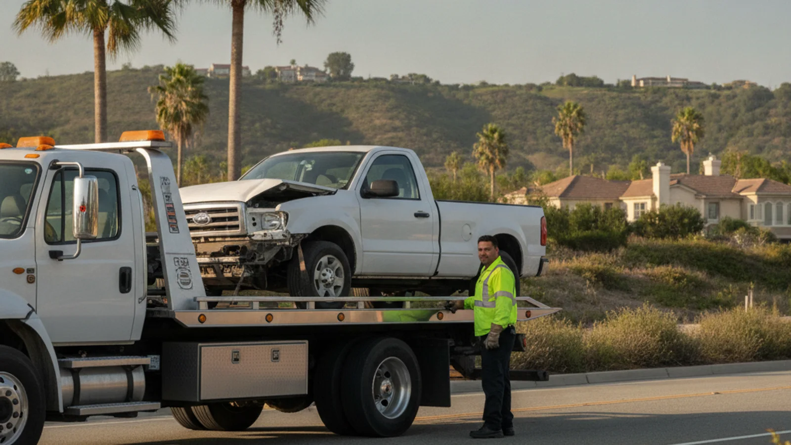 Tow truck responding to an overheated car on the I-15 grade near Rancho Bernardo