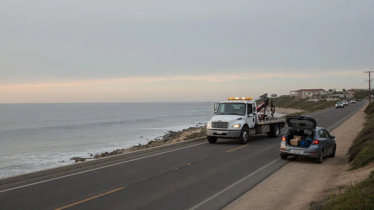 Disabled passenger car awaiting towing on a coastal street in Solana Beach