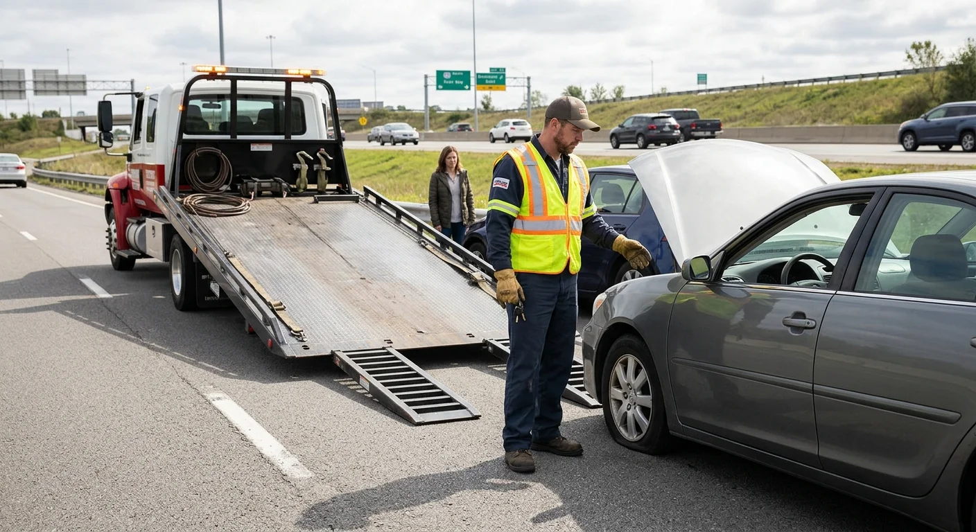 A disabled sedan beside another car and a professional flatbed tow truck
