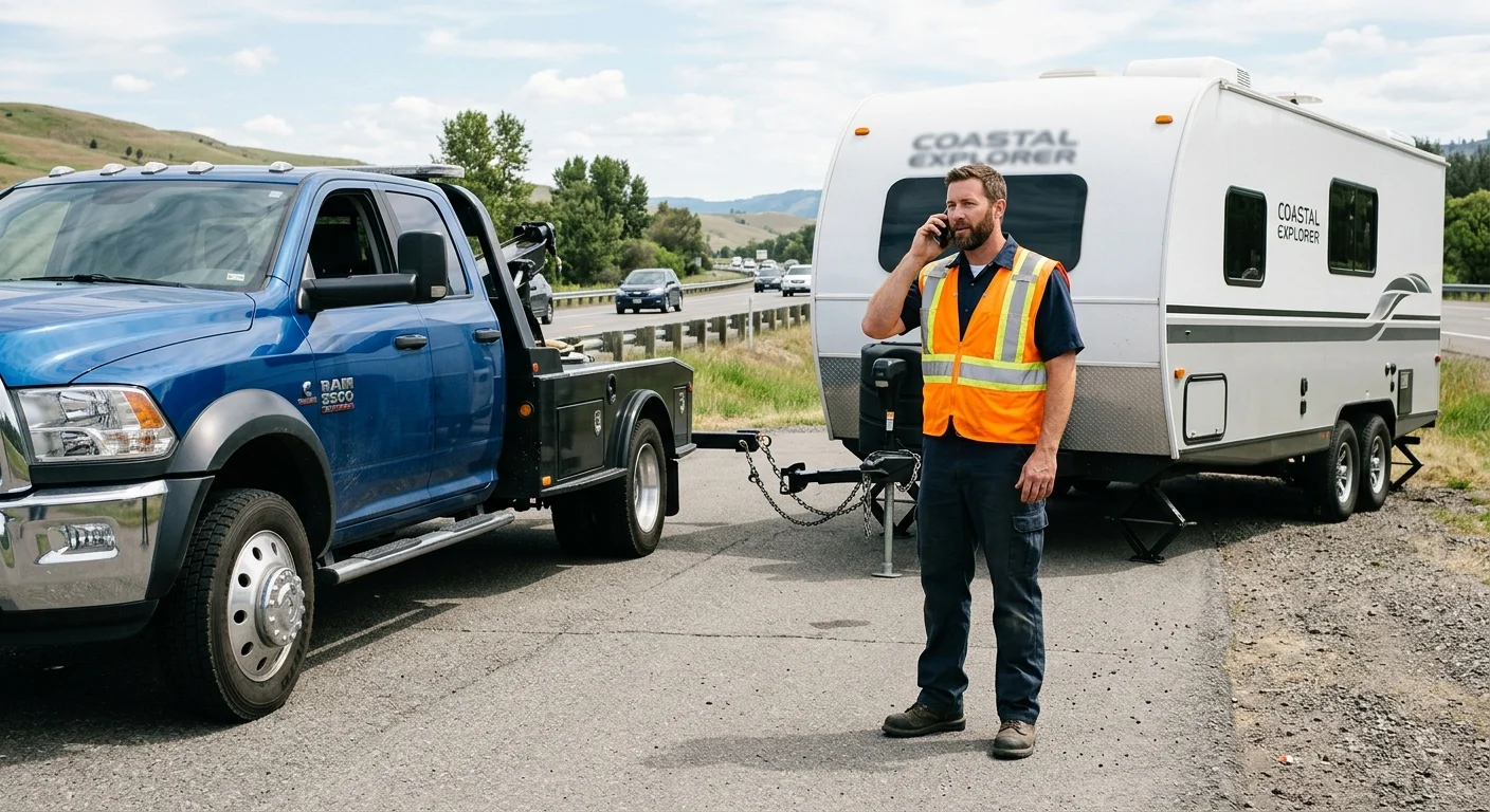 Truck and travel trailer stopped on a shoulder with space visible around the hitch