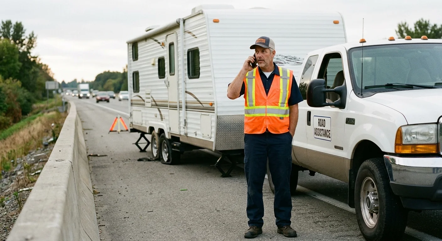 A disabled travel trailer with visible wheel trouble parked safely