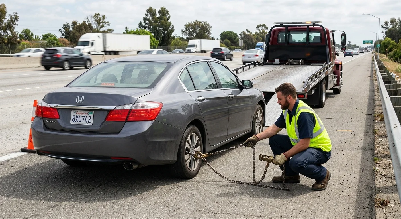 Disabled sedan parked safely with an unbranded tow truck nearby