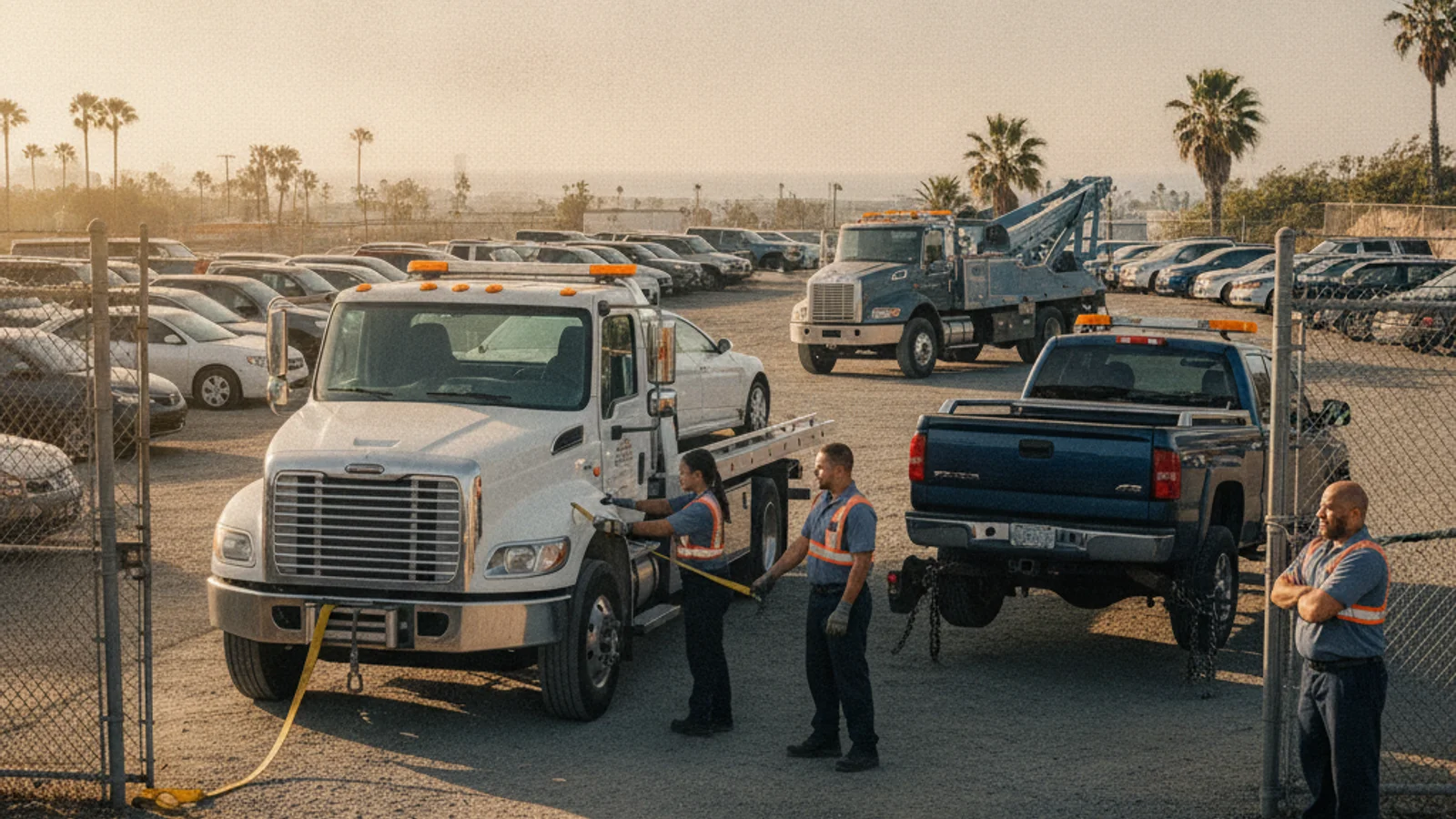 A San Diego tow yard gate where a vehicle held by a private towing operator is stored