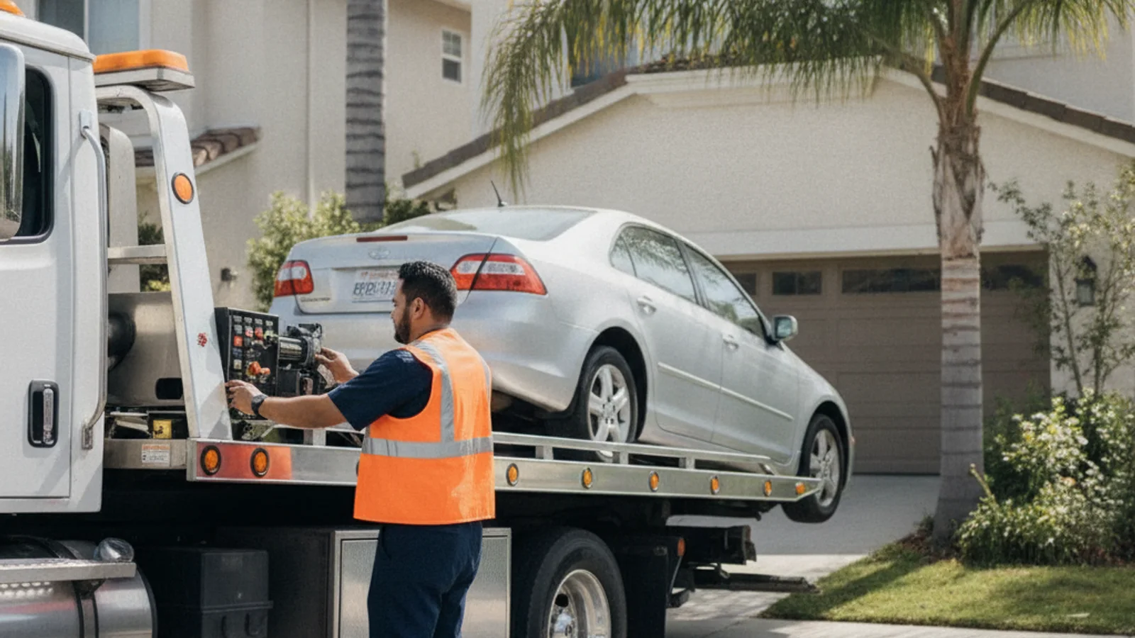 A car parked partially across a residential driveway apron next to a curb in a San Diego neighborhood