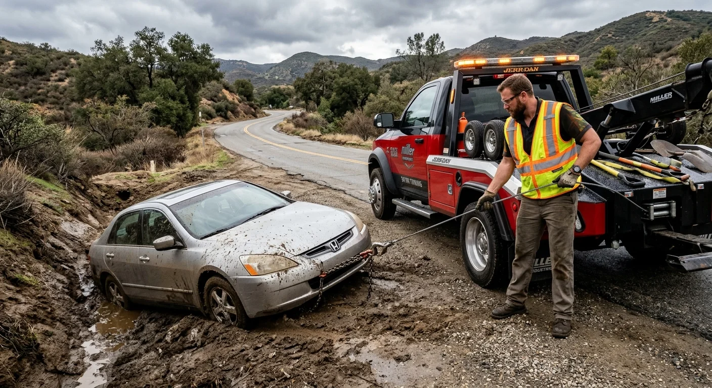 A tow truck carefully winching a sedan out of a muddy ditch on the side of a rural San Diego County road.