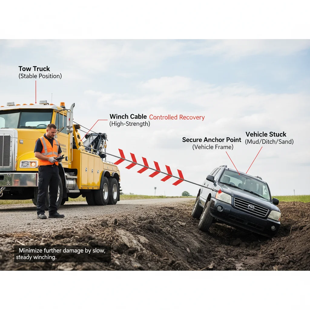 Diagram illustrating a tow truck performing a winch-out to recover a car stuck in a ditch, showing cable connection and pull direction.