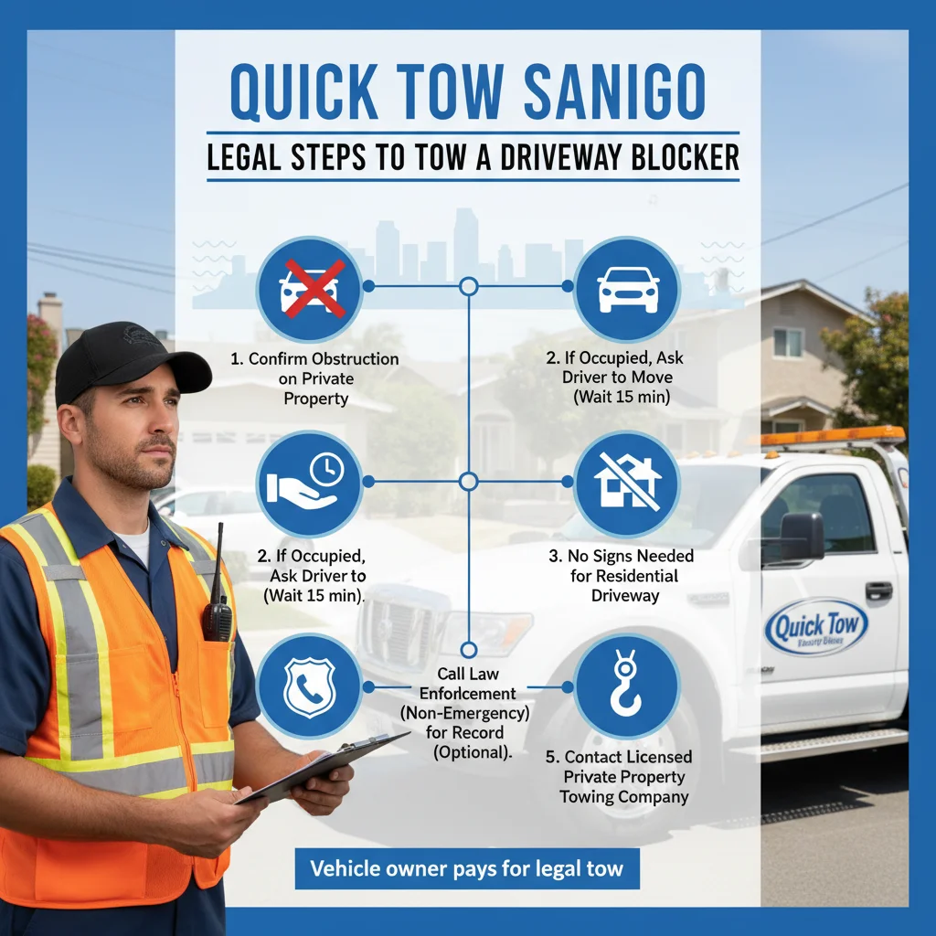 Infographic detailing the legal steps for property owners to tow a car blocking their driveway in San Diego, including notice requirements and CVC 22658.