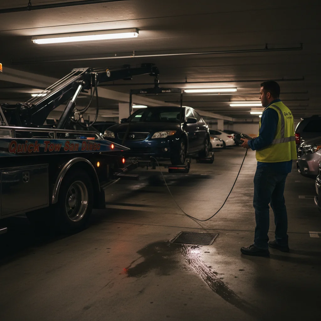A Quick Tow San Diego wheel-lift tow truck towing a sedan from a tight parking garage spot.