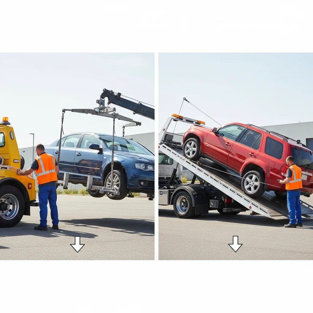 Diagrama comparando un camión de remolque de levantamiento de ruedas levantando un auto por sus ruedas a una grúa de plataforma.