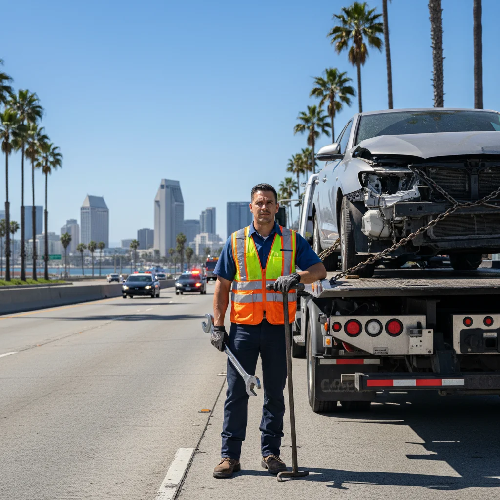 Damaged car being loaded onto a flatbed tow truck after an accident on a San Diego freeway, with emergency lights flashing in the background.