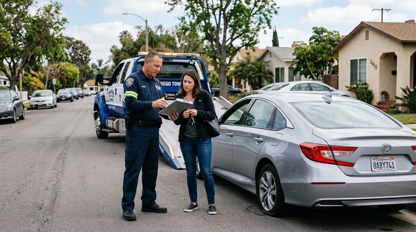 San Diego tow operator and customer discussing service options on a freeway shoulder