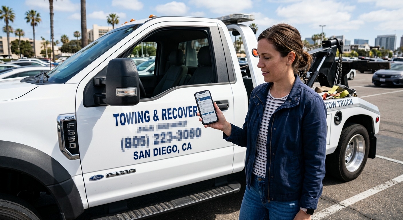 Customer checking a tow operator credentials and CHP MCP number on a smartphone in a San Diego parking lot