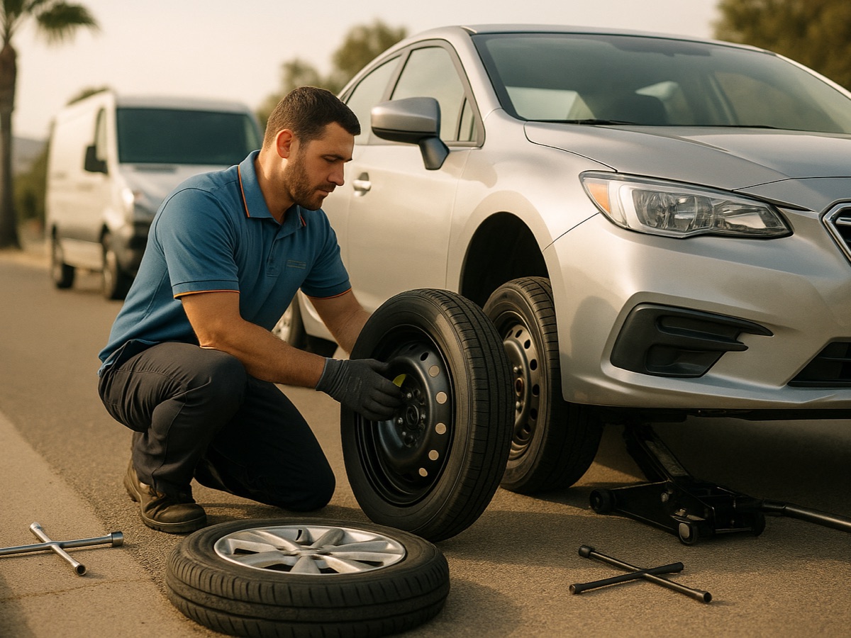 Quick Tow SD technician changing a flat tire for the spare on a vehicle pulled onto a San Diego street shoulder