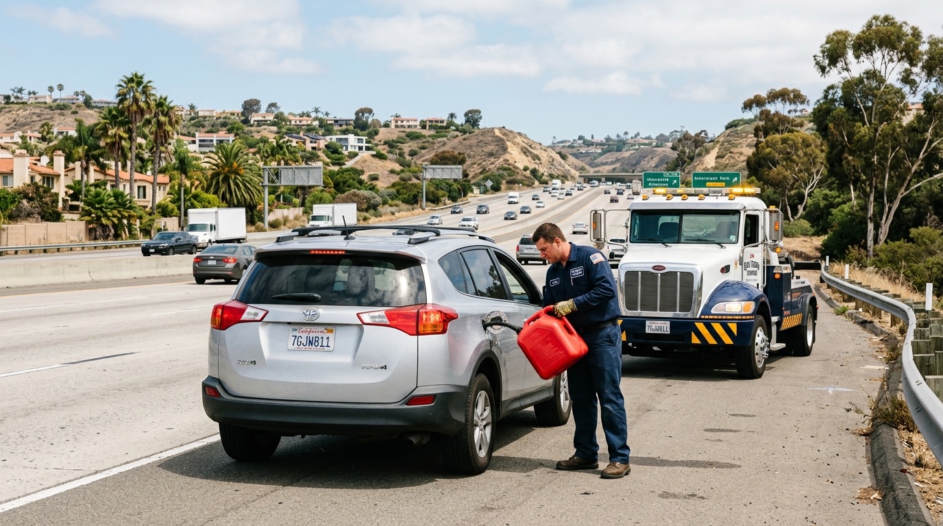 Quick Tow SD technician pouring fuel from an approved jerry can into a vehicle on the shoulder of an SD freeway