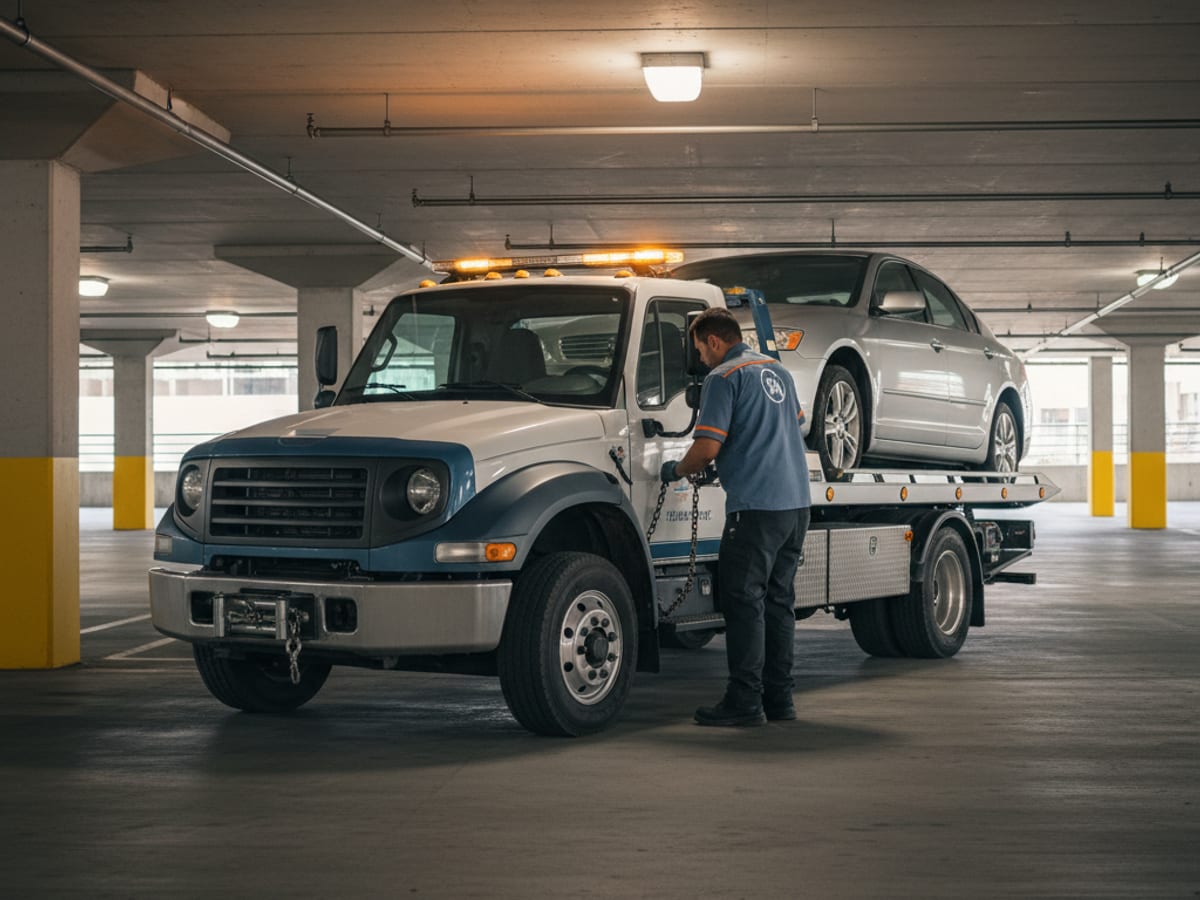 Wheel-lift tow truck loading a sedan on a San Diego shoulder with traffic passing on the freeway